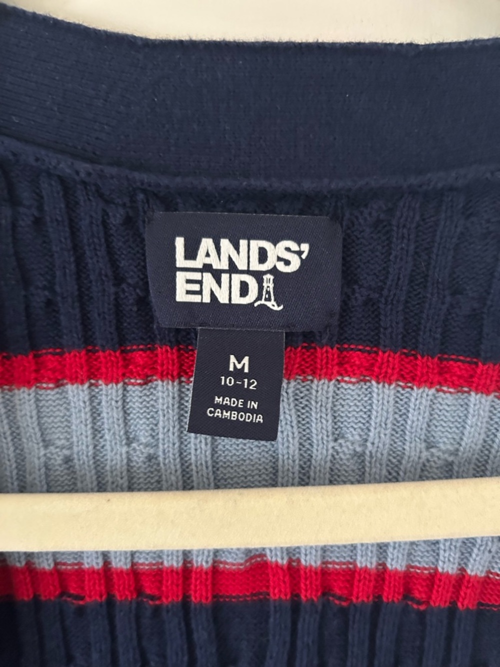 Lands' End Navy, Light Blue & Red Striped Cable-Knit Belted Cardigan - Picture 3 of 6